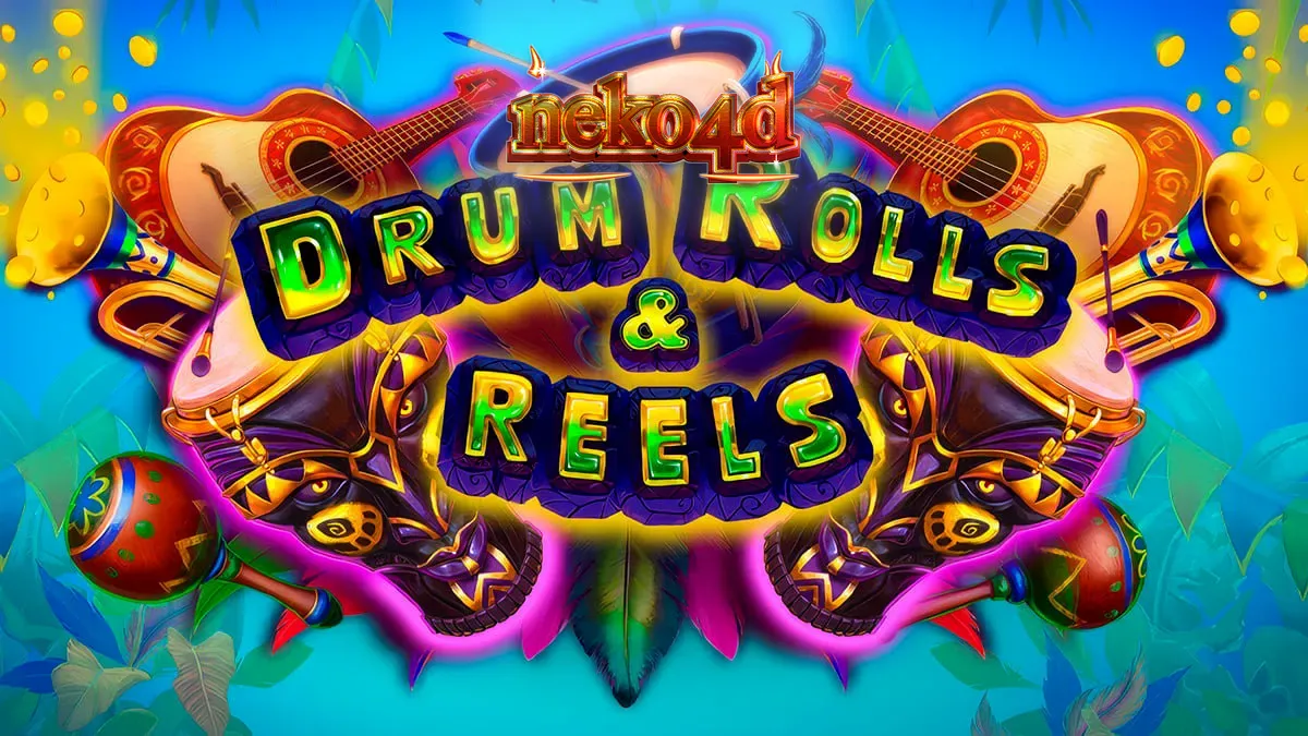 Tampilan visual cerah dari slot Drum Rolls & Reels dengan tema karnaval Brasil.